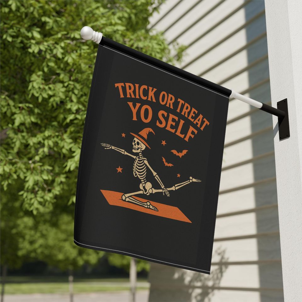 Pilates Skeleton Halloween Garden Flag: Spooky Trick or Treat Decor