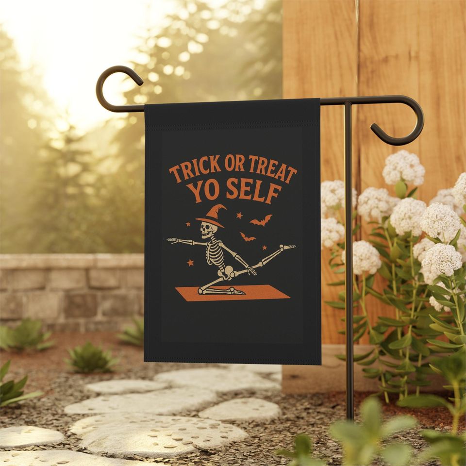 Pilates Skeleton Halloween Garden Flag: Spooky Trick or Treat Decor
