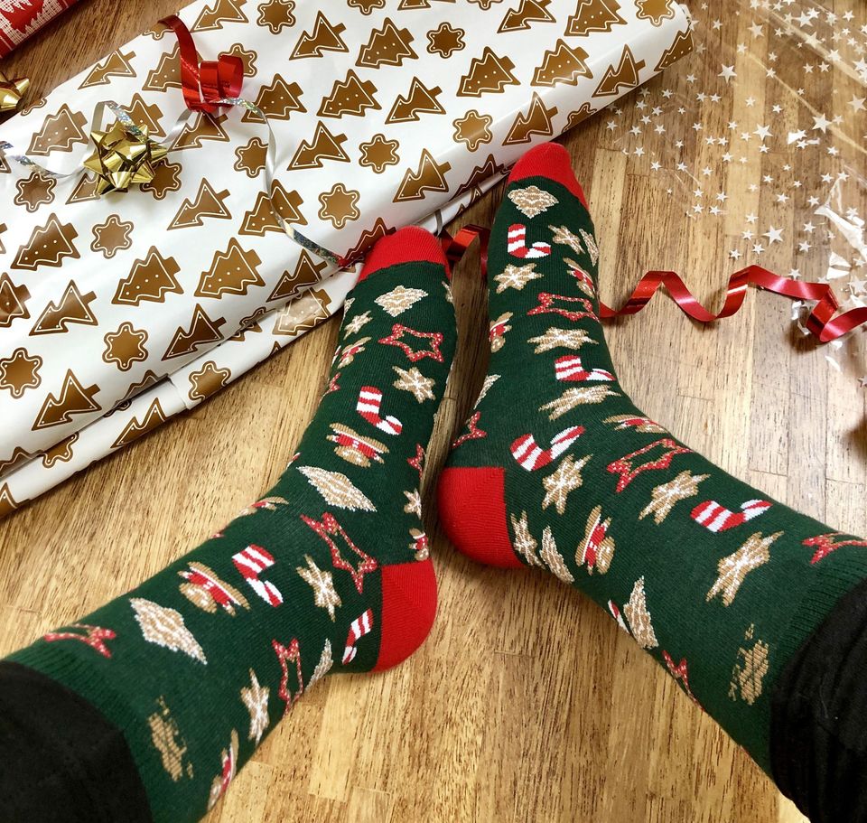 Green Christmas Socks with Gingerbread