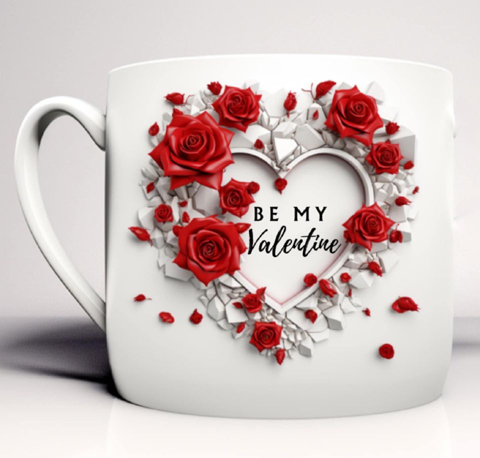 Be My Valentine Mug Wrap, 3D Heart and Red Roses Valentine Day Mug Sublimation Design, 11oz and 15oz Romantic Mug Wrap, Instant Download