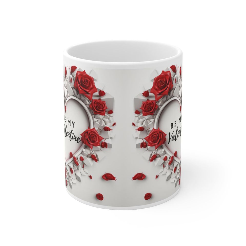 Be My Valentine Mug Wrap, 3D Heart and Red Roses Valentine Day Mug Sublimation Design, 11oz and 15oz Romantic Mug Wrap, Instant Download
