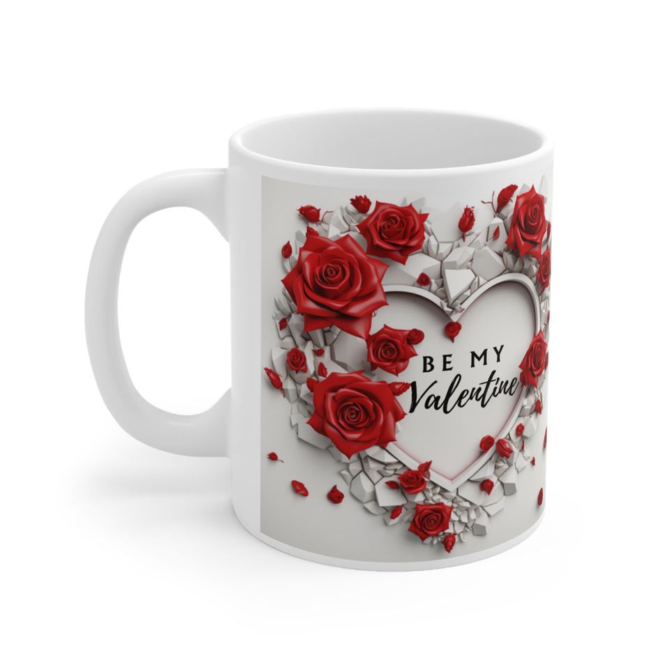 Be My Valentine Mug Wrap, 3D Heart and Red Roses Valentine Day Mug Sublimation Design, 11oz and 15oz Romantic Mug Wrap, Instant Download