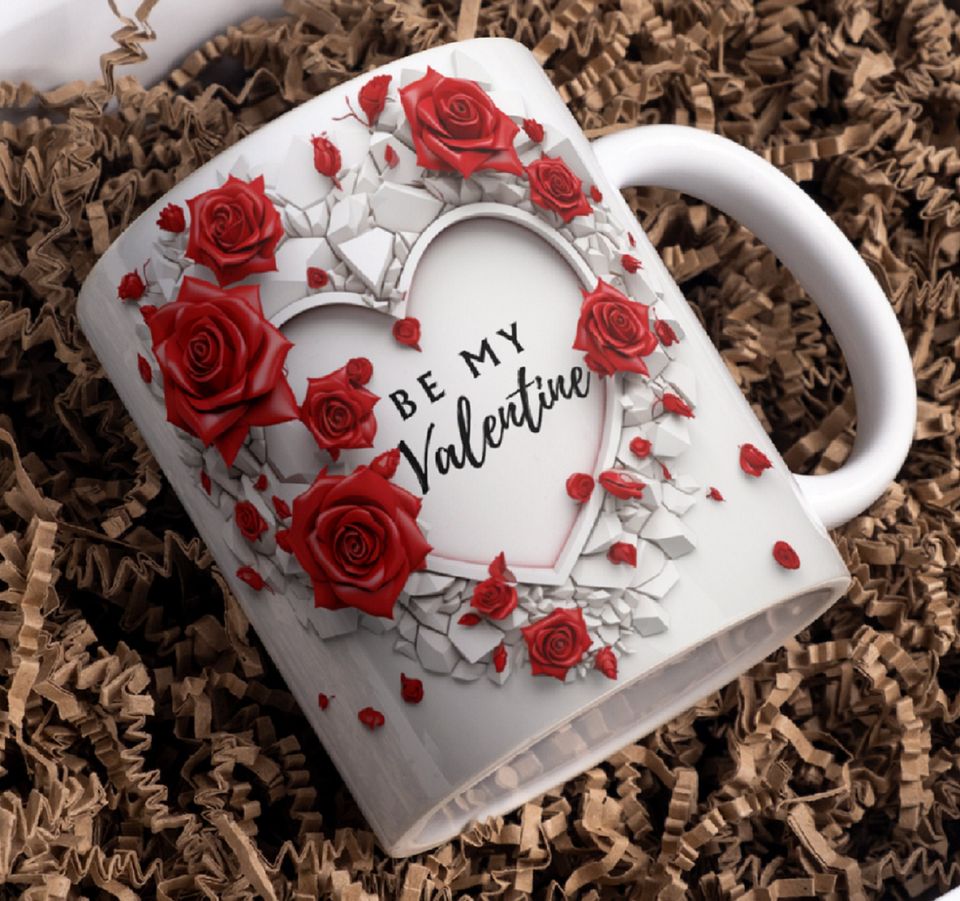 Be My Valentine Mug Wrap, 3D Heart and Red Roses Valentine Day Mug Sublimation Design, 11oz and 15oz Romantic Mug Wrap, Instant Download