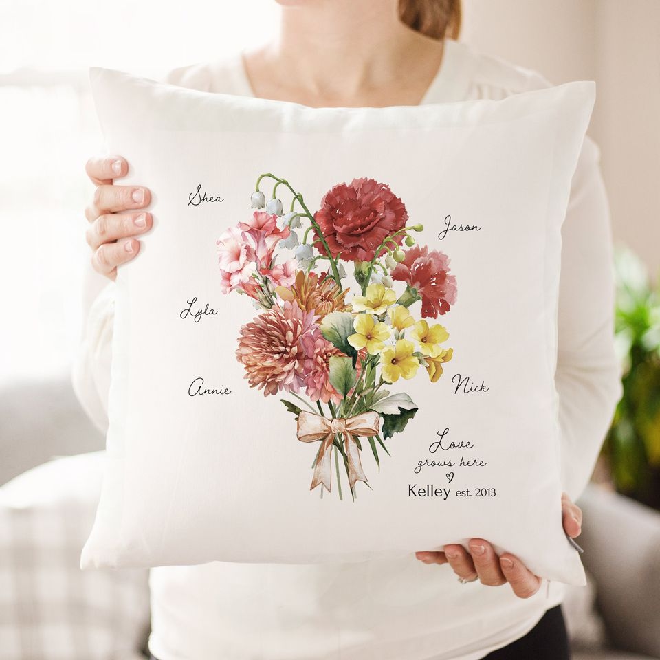 Personalized Birth Month Flower Bouquet Pillow - Custom Linen Gift