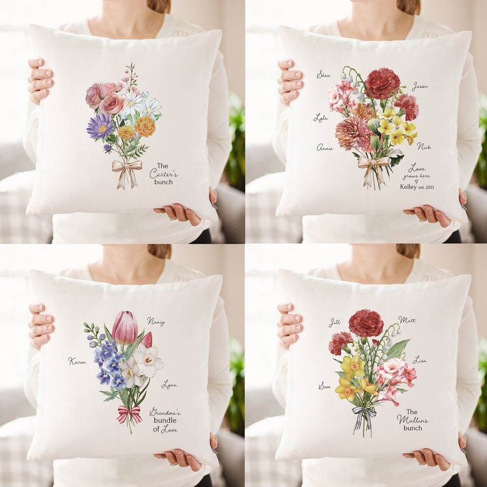 Personalized Birth Month Flower Bouquet Pillow - Custom Linen Gift