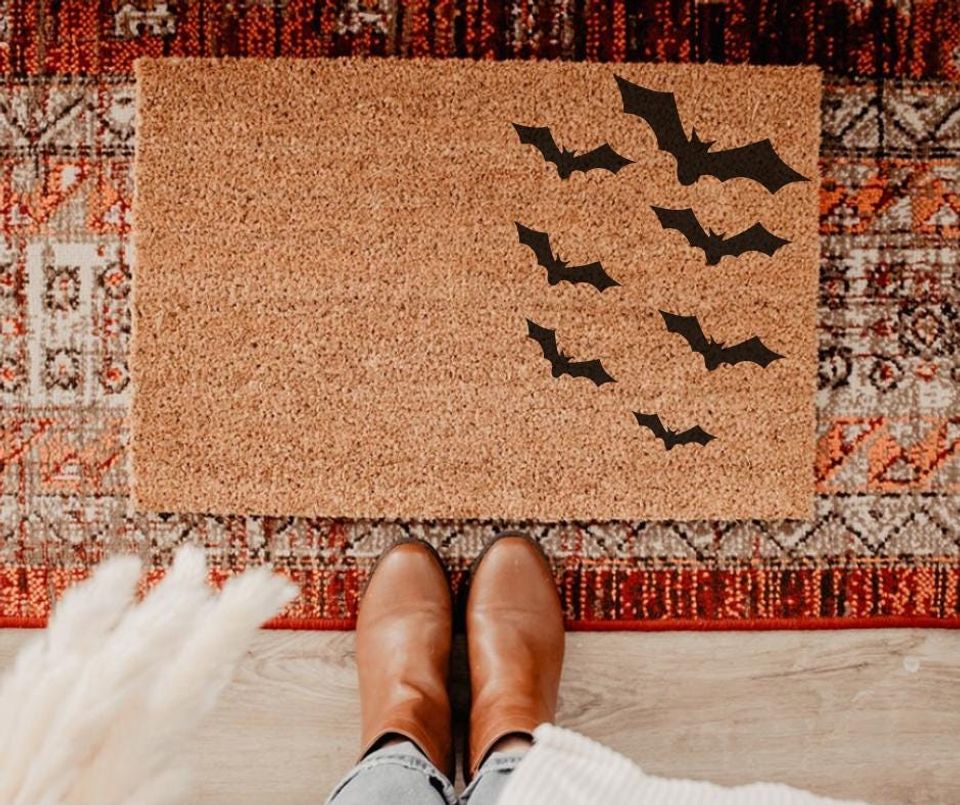 Flying Bats Halloween Door Mat: Hand-Painted Coir Entry Mat