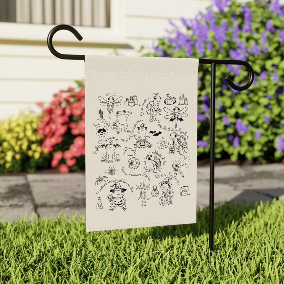 Subtle Anti-Trump Garden Flag - Frog Dragonfly Turtle Halloween Doodle