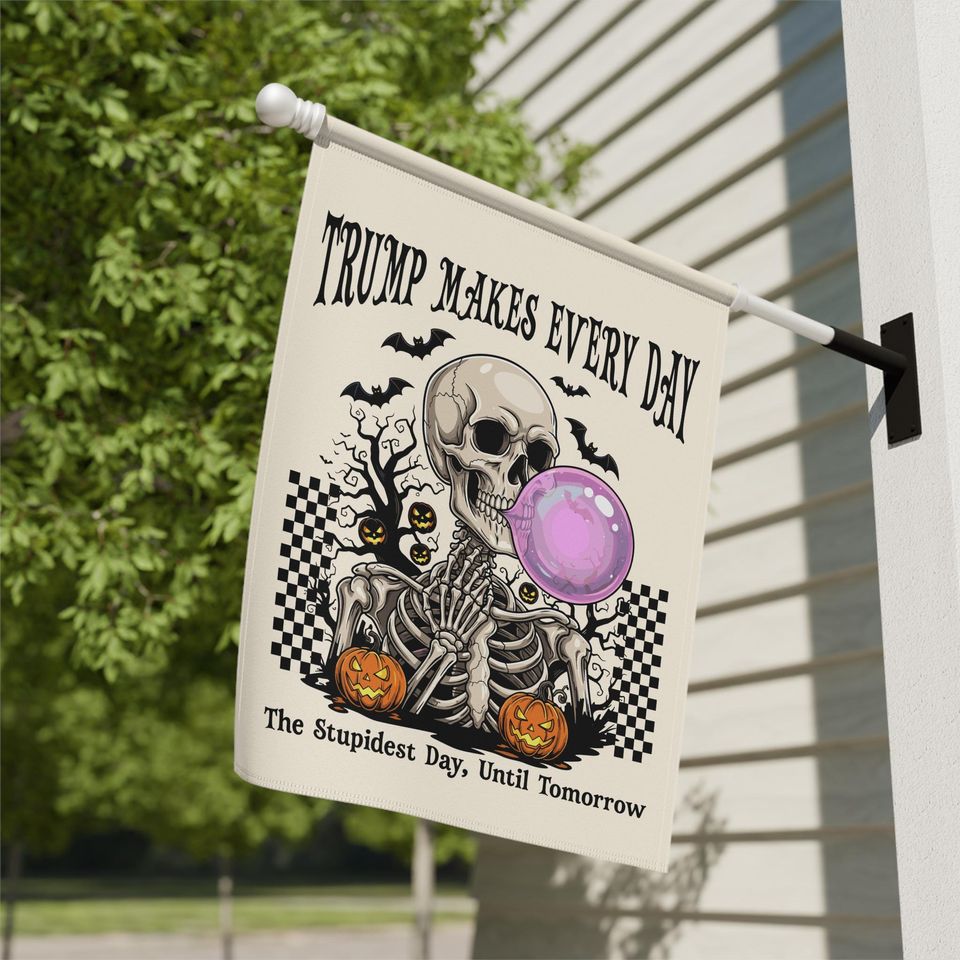 Anti-Trump Halloween Garden Flag - Skeleton Blowing Bubble Decor