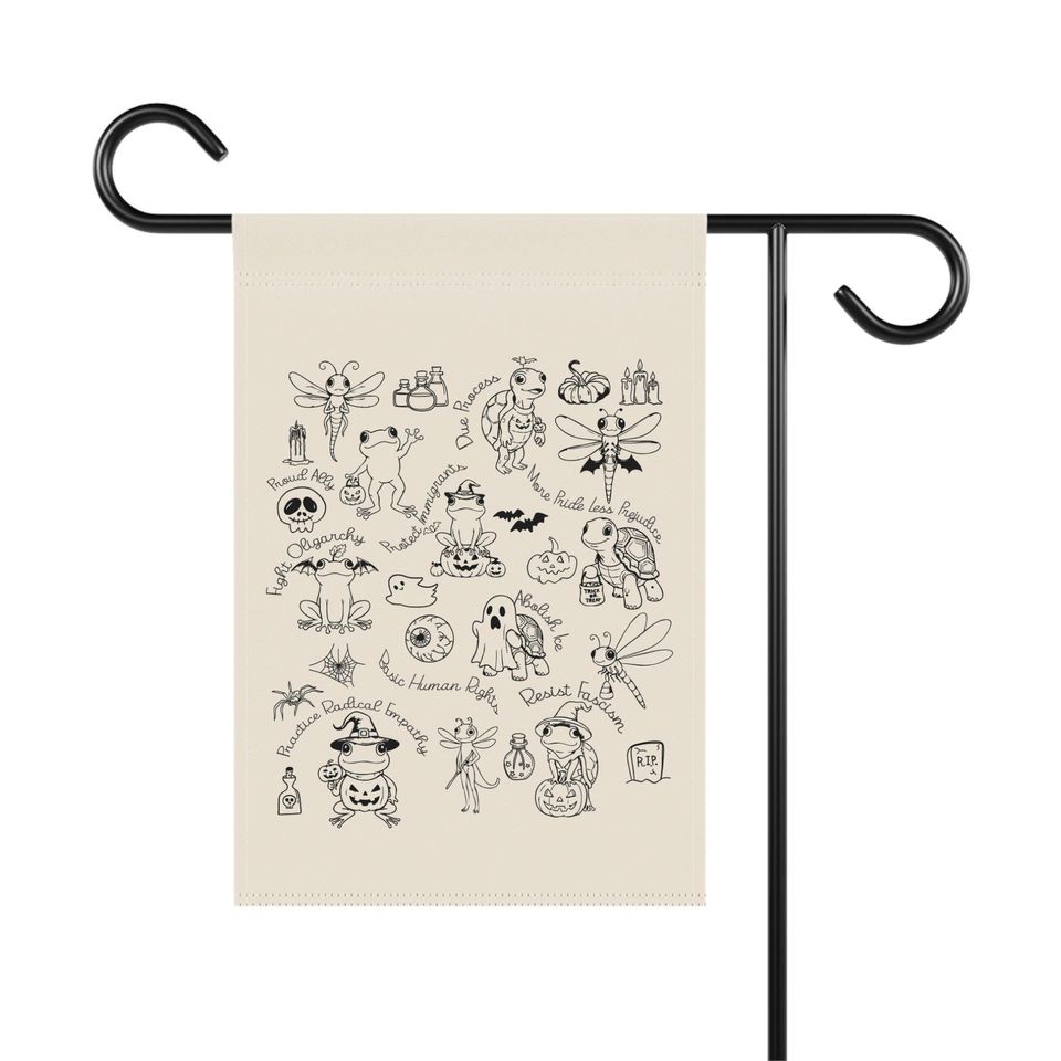 Subtle Anti-Trump Garden Flag - Frog Dragonfly Turtle Halloween Doodle