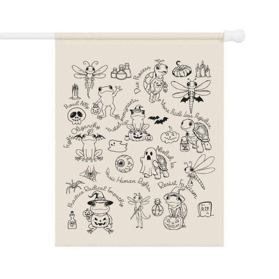 Subtle Anti-Trump Garden Flag - Frog Dragonfly Turtle Halloween Doodle