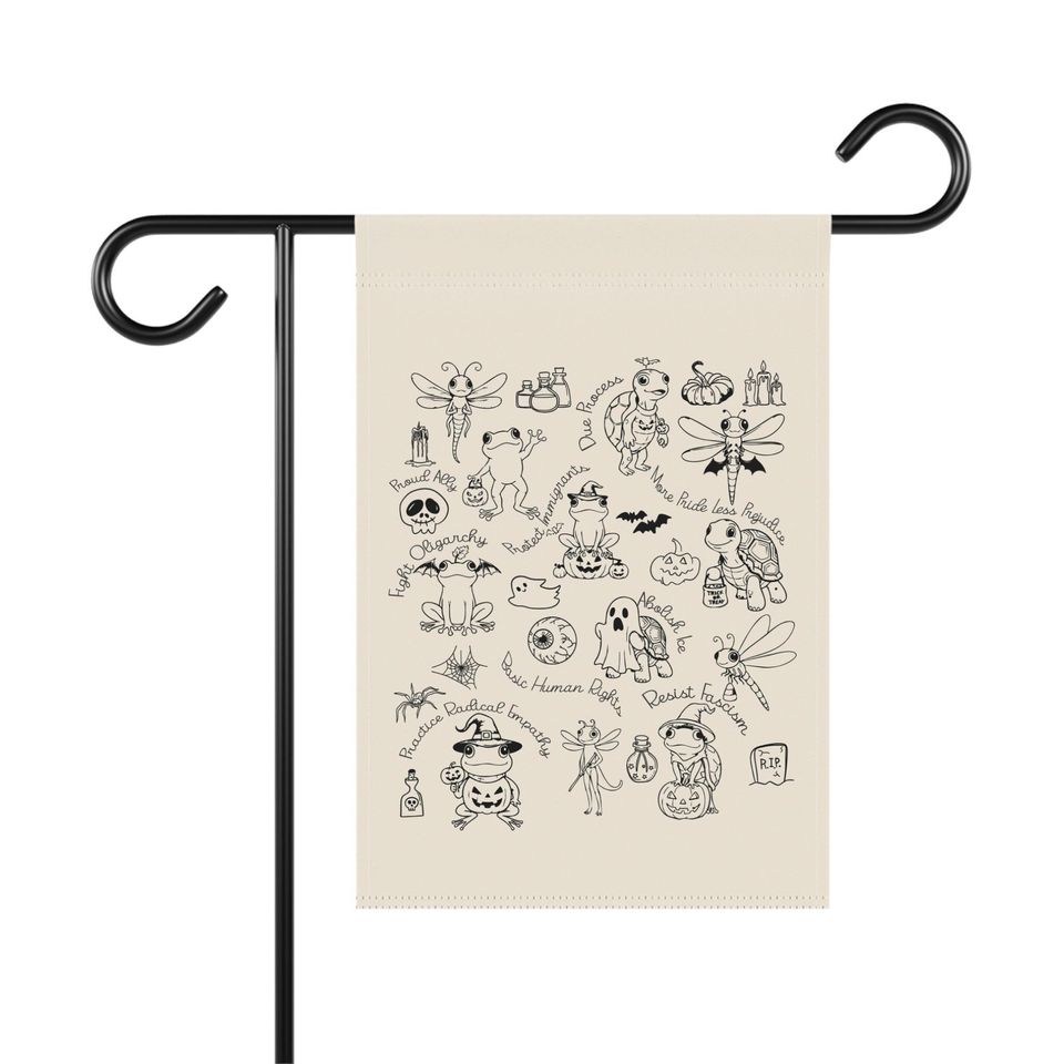 Subtle Anti-Trump Garden Flag - Frog Dragonfly Turtle Halloween Doodle