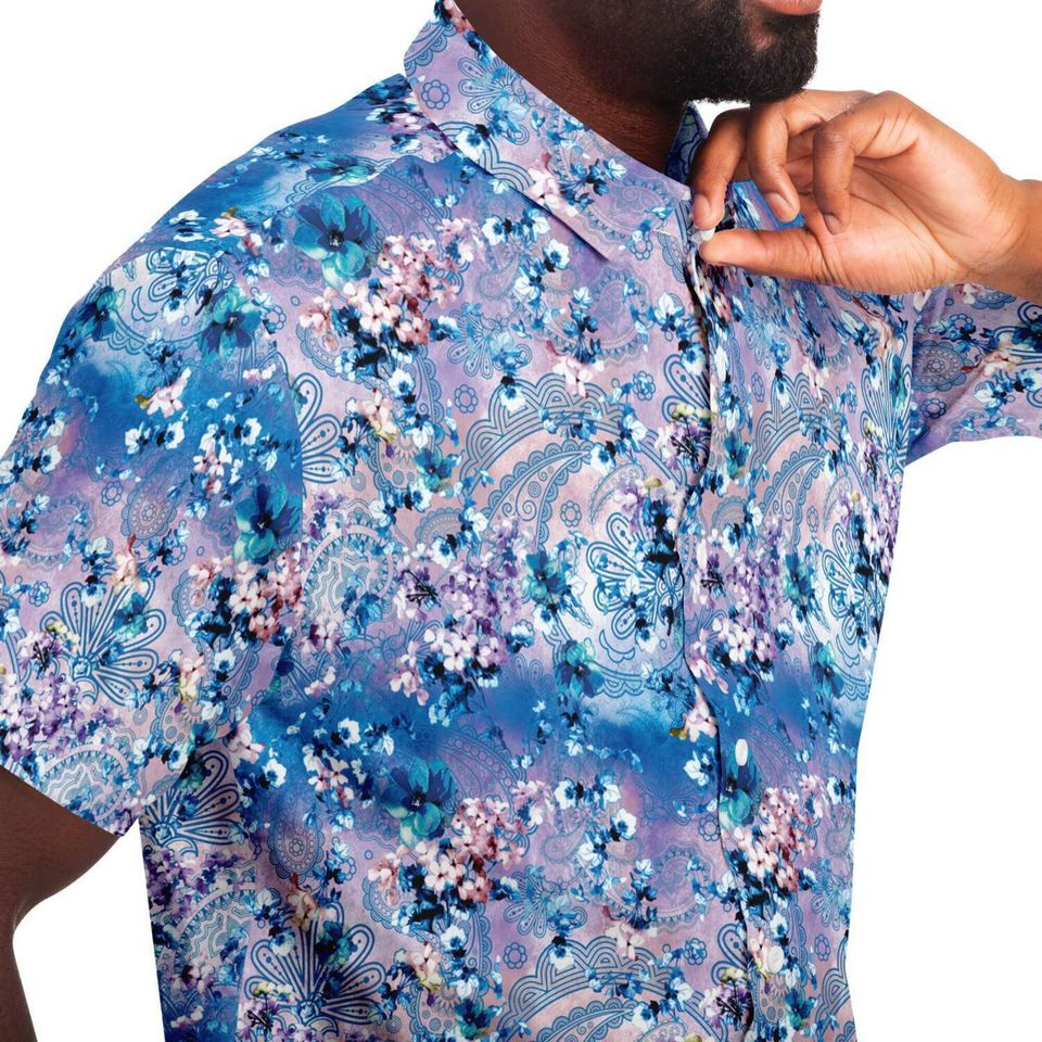 Purple Blue Floral Paisley Print Buttoned Down Shirt