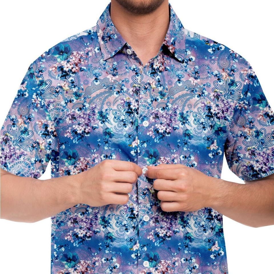 Purple Blue Floral Paisley Print Buttoned Down Shirt
