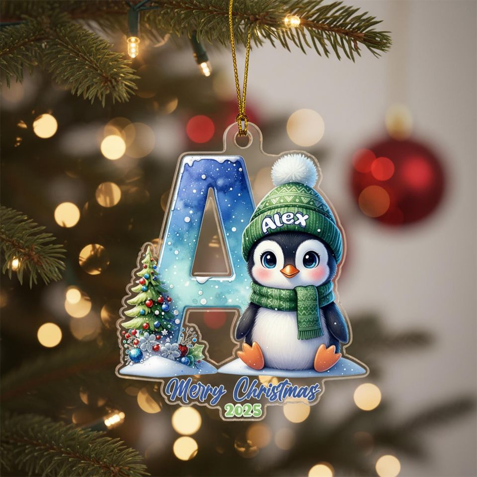Personalised Penguin Letter Ornament for Christmas, Kids Name Stocking Tag, Winter Holiday Keepsake