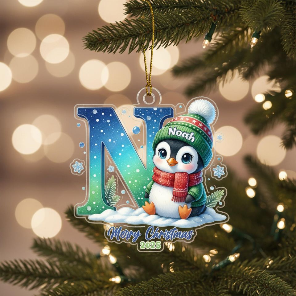 Personalised Penguin Letter Ornament for Christmas, Kids Name Stocking Tag, Winter Holiday Keepsake
