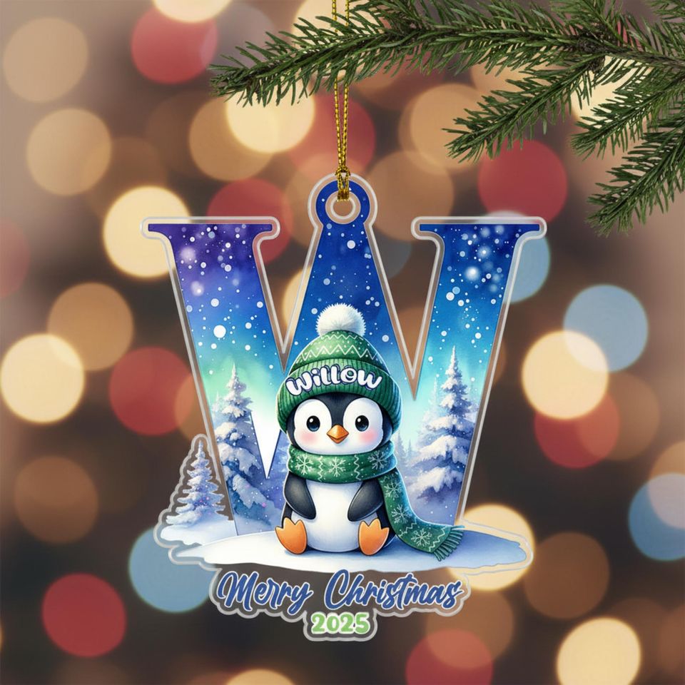 Personalised Penguin Letter Ornament for Christmas, Kids Name Stocking Tag, Winter Holiday Keepsake