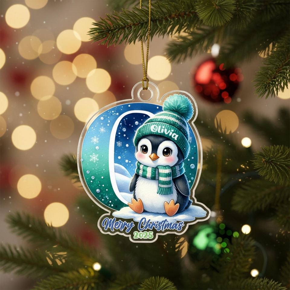 Personalised Penguin Letter Ornament for Christmas, Kids Name Stocking Tag, Winter Holiday Keepsake