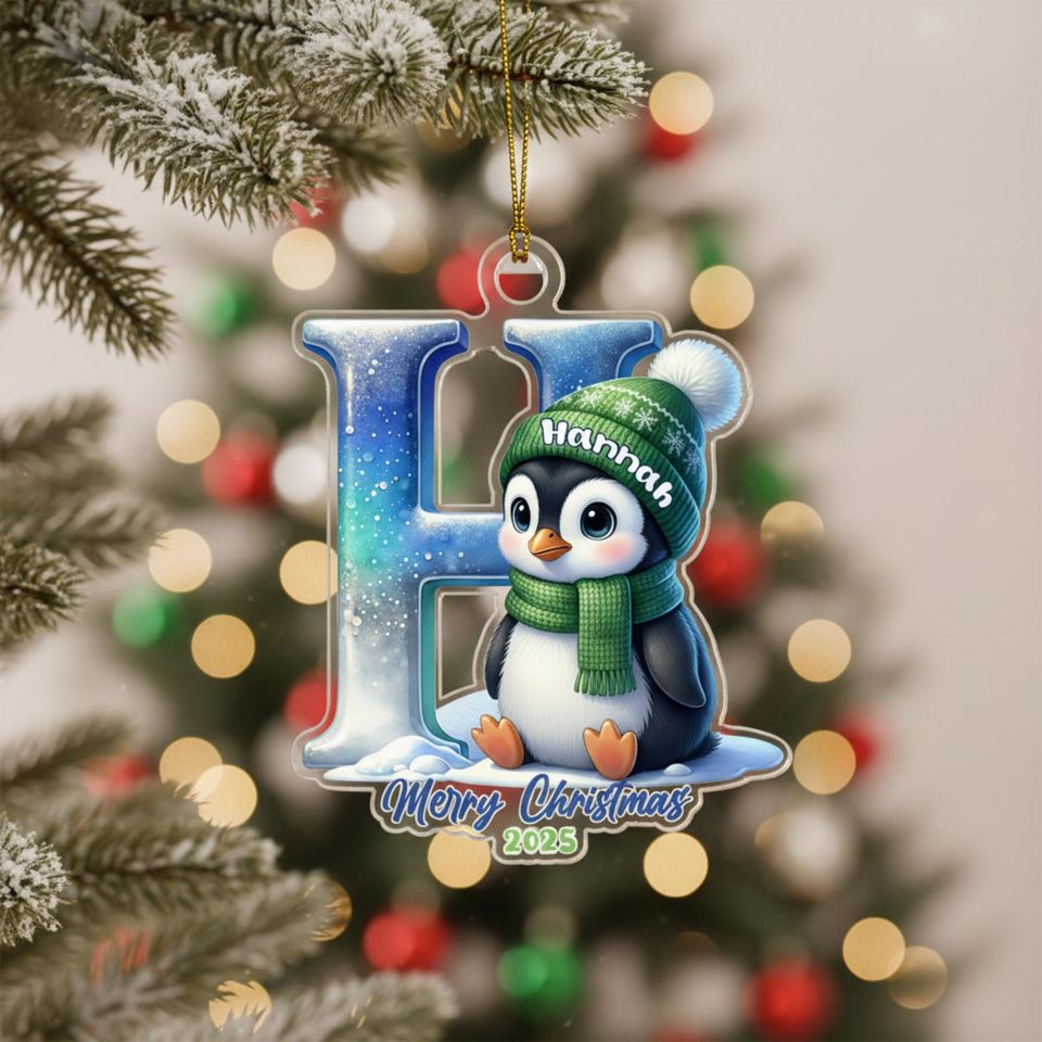 Personalised Penguin Letter Ornament for Christmas, Kids Name Stocking Tag, Winter Holiday Keepsake