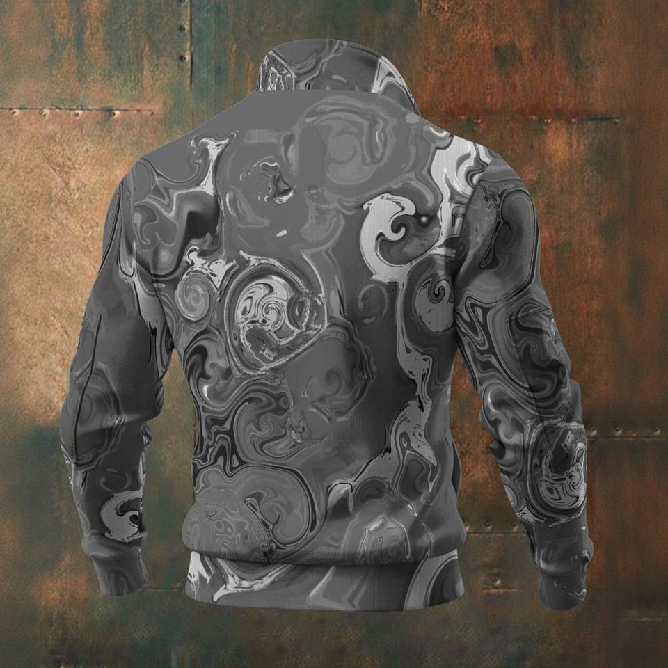 Gray Chrome - Men's Thick Knit Fleece Jacket: Gray white silver black abstract spirals