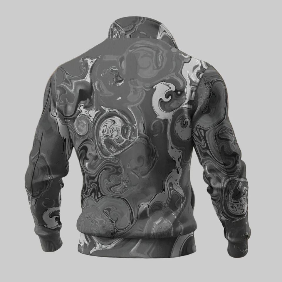 Gray Chrome - Men's Thick Knit Fleece Jacket: Gray white silver black abstract spirals