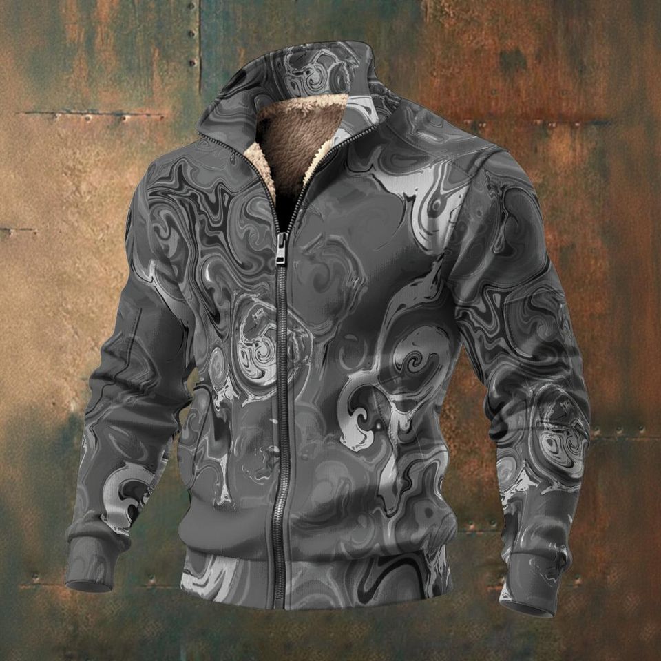 Gray Chrome - Men's Thick Knit Fleece Jacket: Gray white silver black abstract spirals