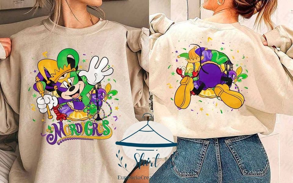 Two-sided Mickey and Friends Mardi Gras Shirt, Disney Mardi Gras T Shirt