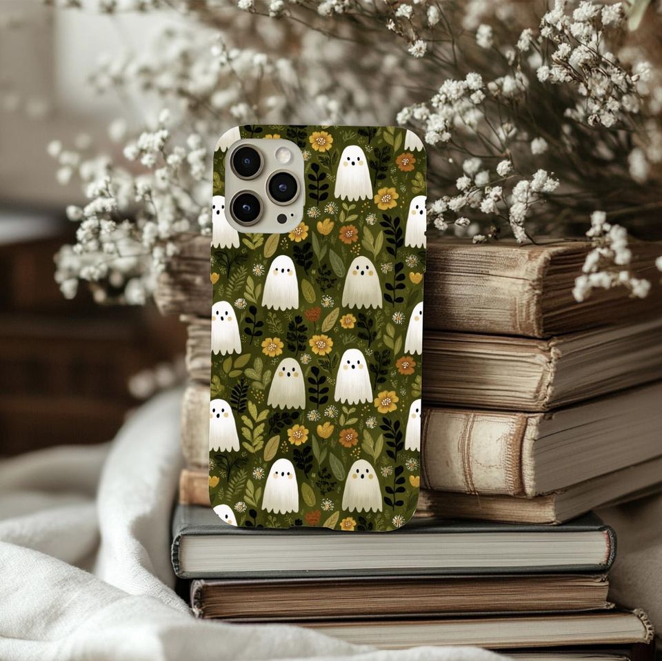 Spooky Cute Ghost iPhone Case  Cottagecore Floral Fall Phone Cover  Tough Protective Case for iPhone 15, 14, 13, 12 and More