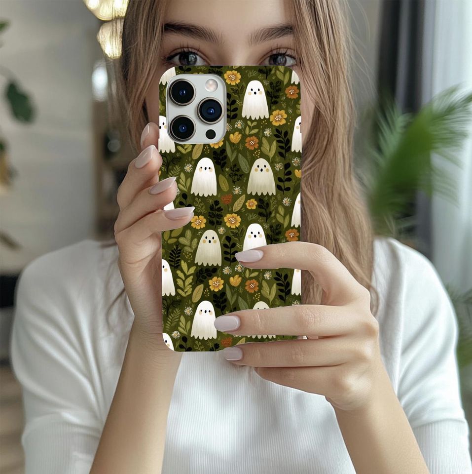 Spooky Cute Ghost iPhone Case  Cottagecore Floral Fall Phone Cover  Tough Protective Case for iPhone 15, 14, 13, 12 and More