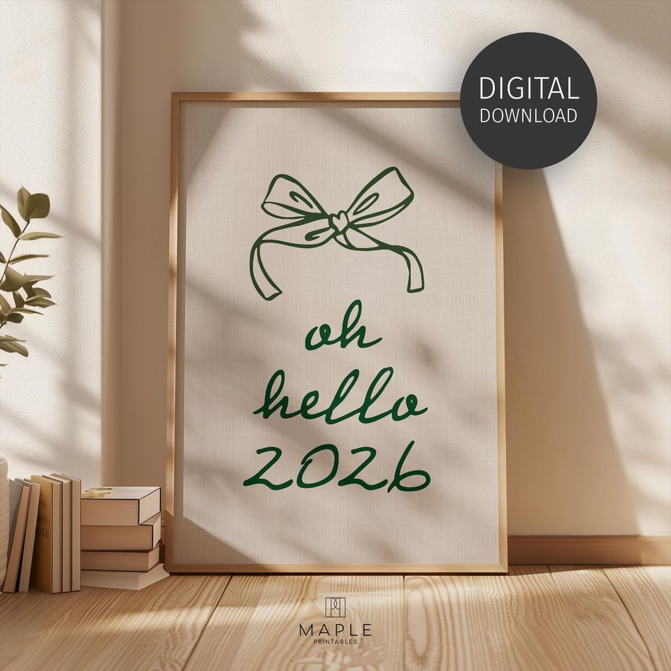 Coquette 'Oh Hello 2026' Print, Preppy Happy New Year Poster, Retro New Year's Eve Party Sign