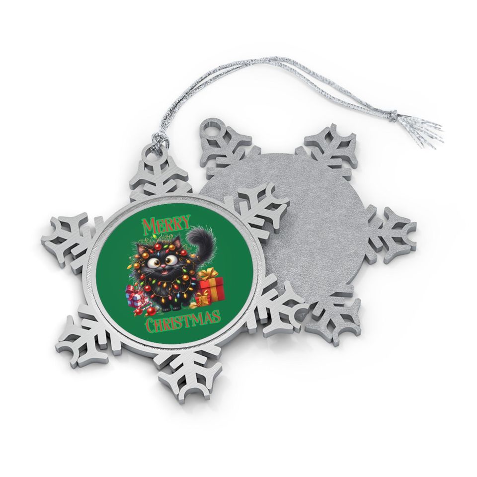 Pewter Snowflake Ornament, Playful Cat Christmas Tree Decoration
