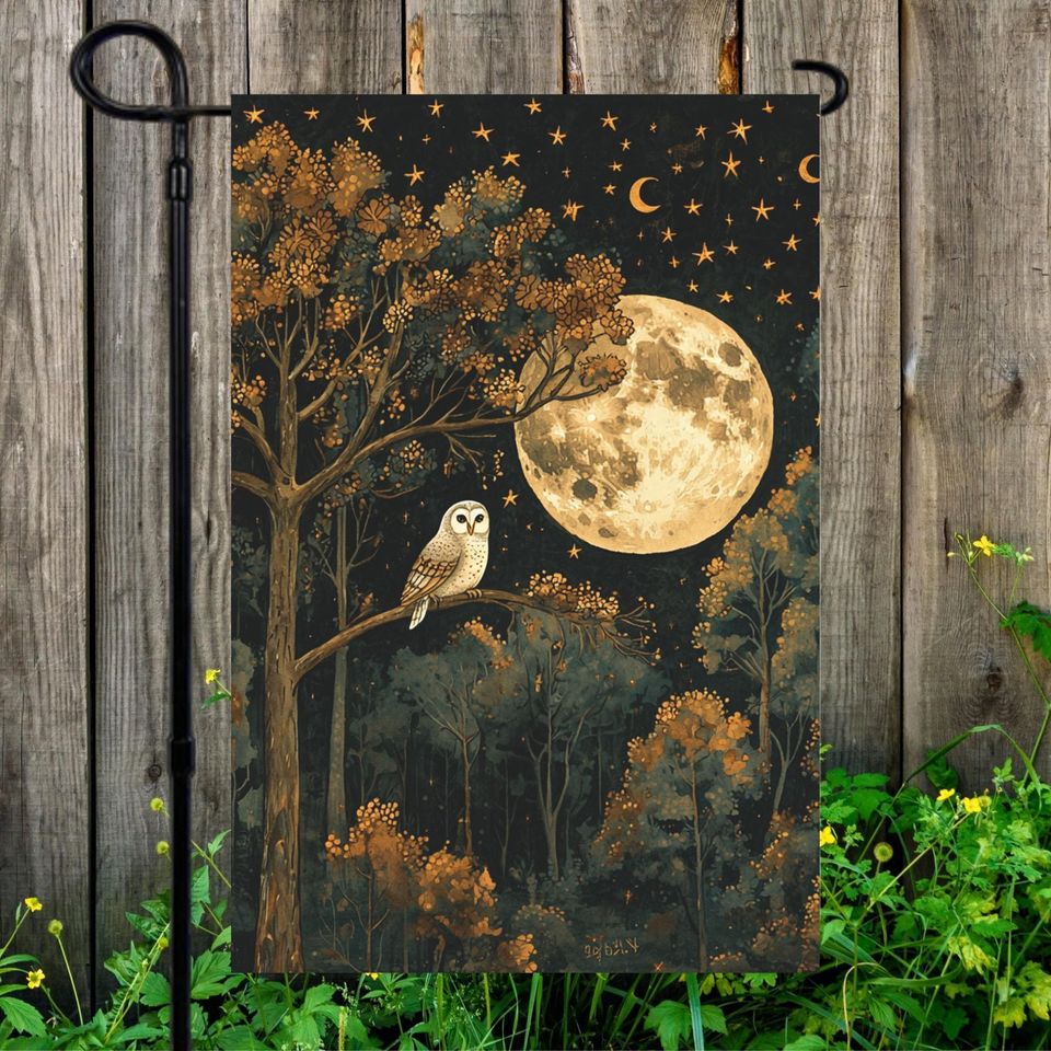Moody Full Moon Night Owl Garden Flag Autumn Forest Night Owl Dark Ambience Fall Patio Decor Outdoor House Banner Fall Owl Front Door Decor