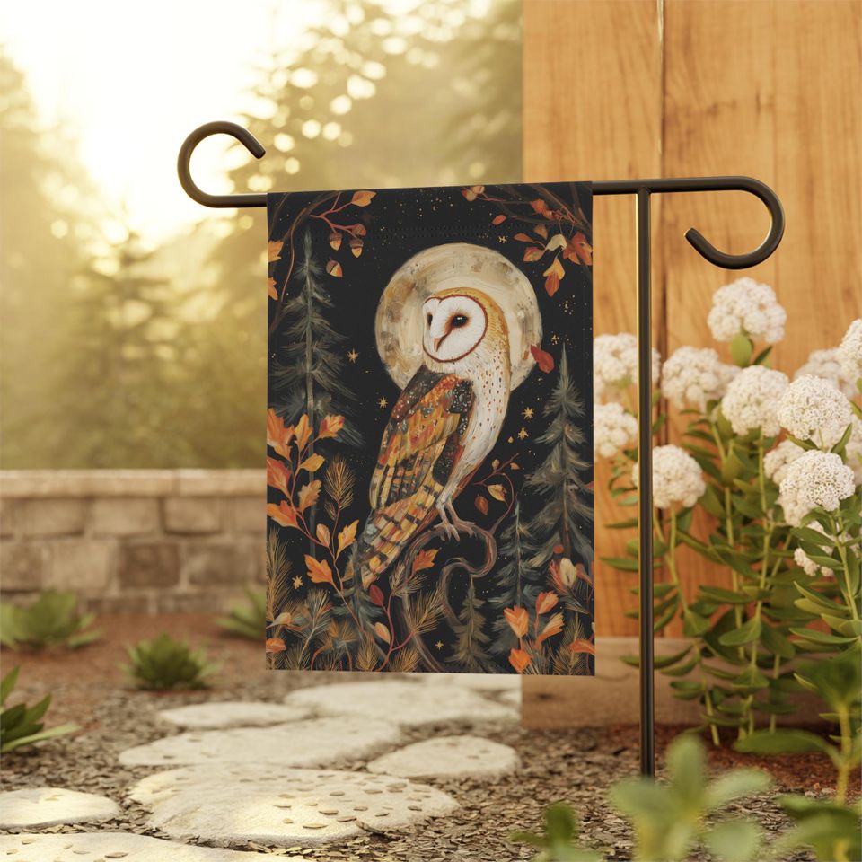 Moody Barn Owl Garden Flag: Dark Autumn Forest Decor