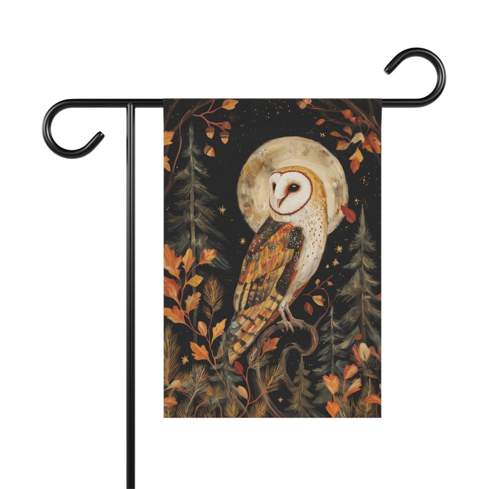 Moody Barn Owl Garden Flag: Dark Autumn Forest Decor