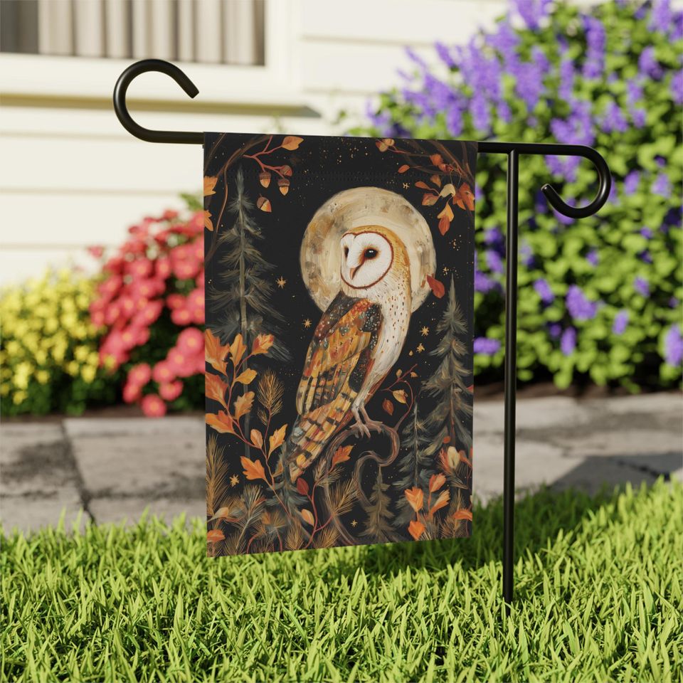 Moody Barn Owl Garden Flag: Dark Autumn Forest Decor