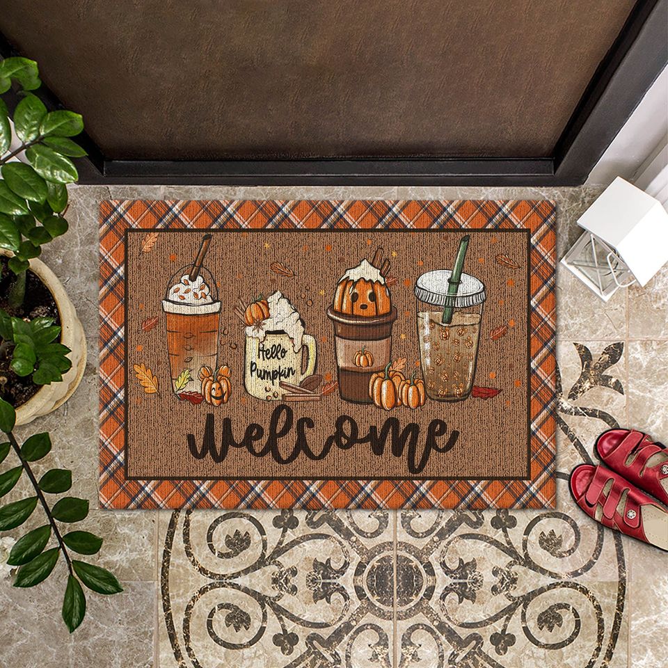 Fall Coffee Doormat, Fall Doormat, Halloween Pumpkin Spice Orange Plaid Rug, Halloween Doormat, Fall Welcome Mat, Fall Decor, Hello Pumpkin