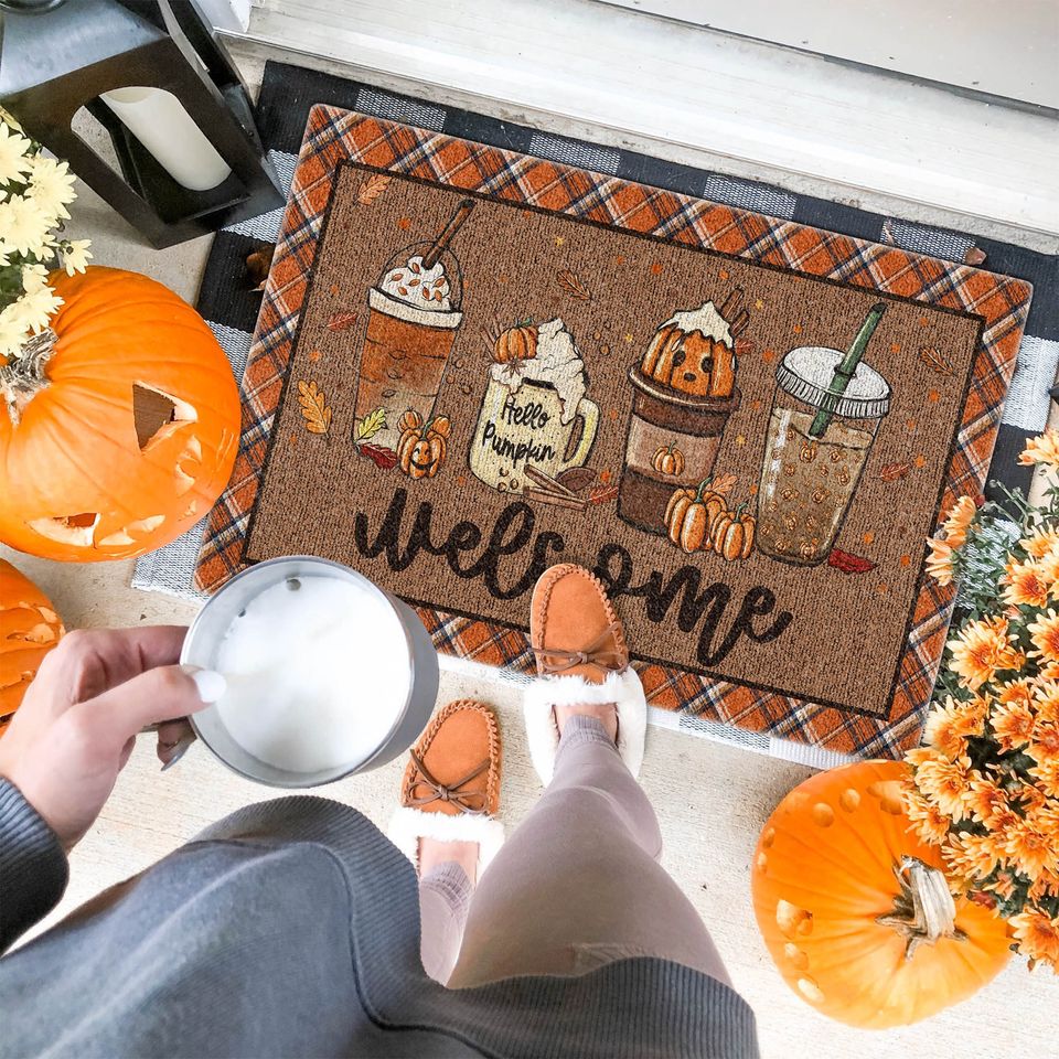 Fall Coffee Doormat, Fall Doormat, Halloween Pumpkin Spice Orange Plaid Rug, Halloween Doormat, Fall Welcome Mat, Fall Decor, Hello Pumpkin