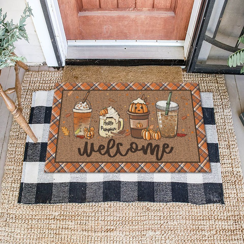 Fall Coffee Doormat, Fall Doormat, Halloween Pumpkin Spice Orange Plaid Rug, Halloween Doormat, Fall Welcome Mat, Fall Decor, Hello Pumpkin