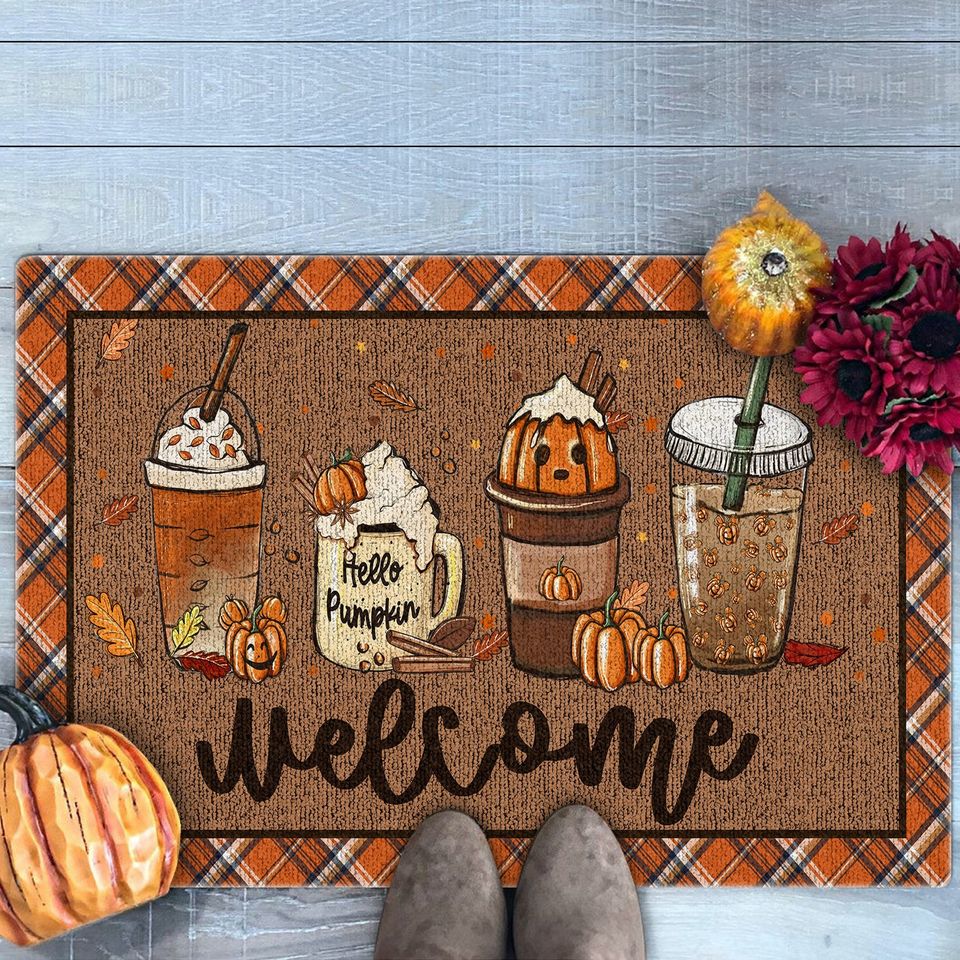 Fall Coffee Doormat, Fall Doormat, Halloween Pumpkin Spice Orange Plaid Rug, Halloween Doormat, Fall Welcome Mat, Fall Decor, Hello Pumpkin