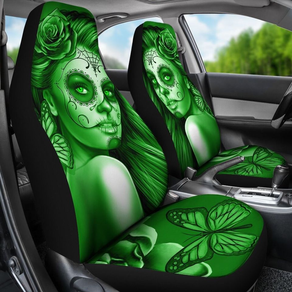 Calavera (Day Of The Dead / Dia De Los Muertos) Halloween Skull Design #2 Pair Of Micro Fiber Car Seat Covers (Green Lime Rose)