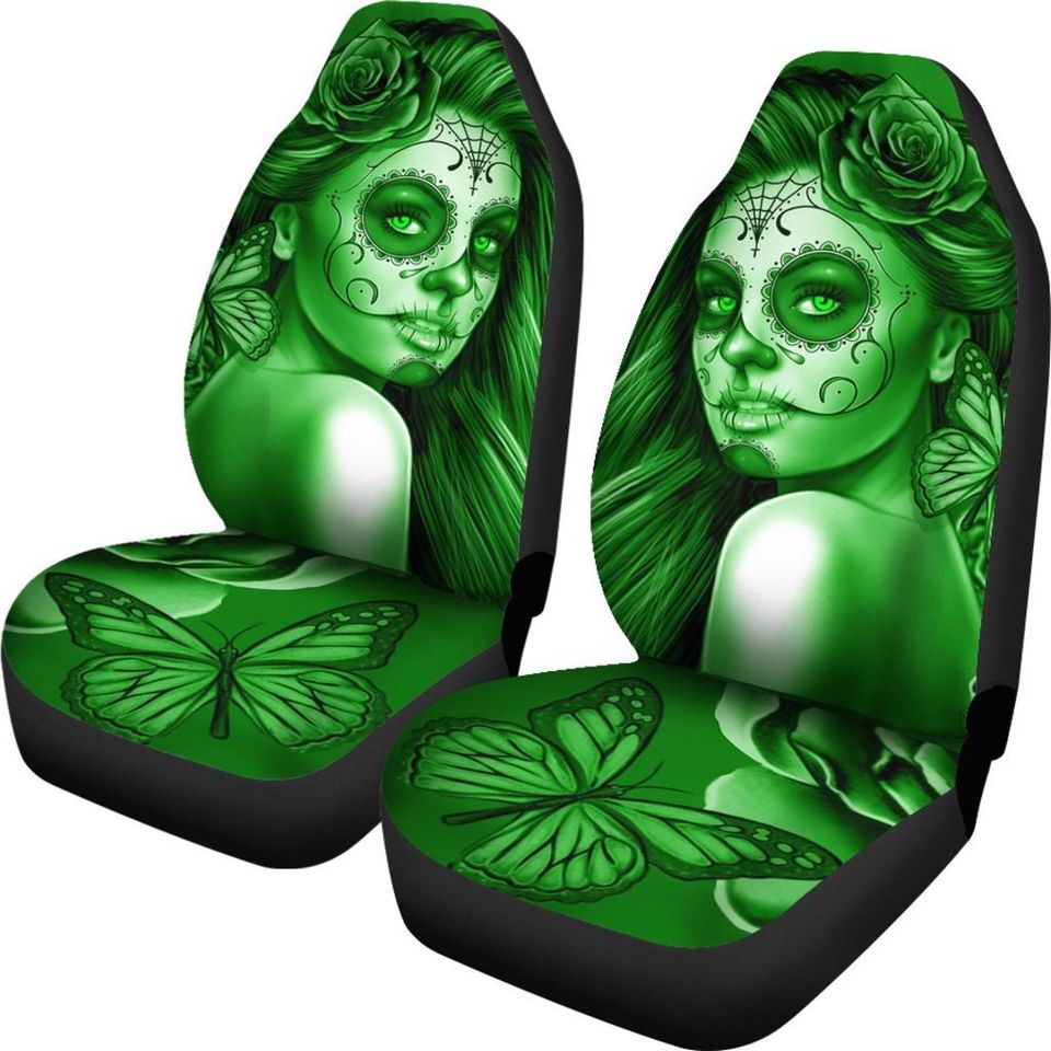 Calavera (Day Of The Dead / Dia De Los Muertos) Halloween Skull Design #2 Pair Of Micro Fiber Car Seat Covers (Green Lime Rose)