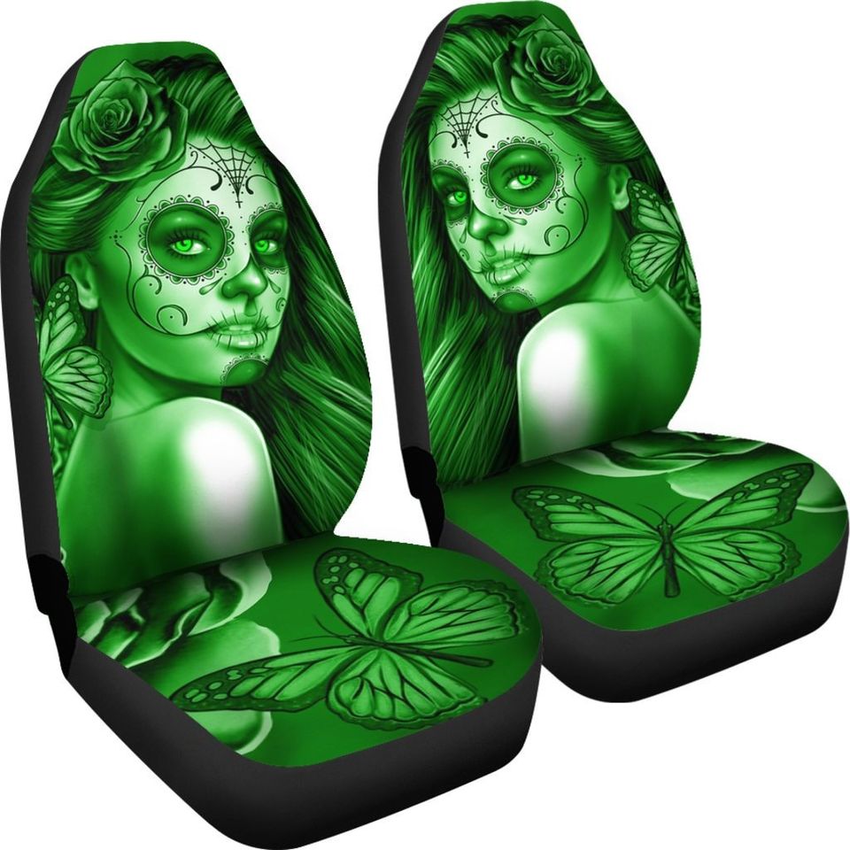 Calavera (Day Of The Dead / Dia De Los Muertos) Halloween Skull Design #2 Pair Of Micro Fiber Car Seat Covers (Green Lime Rose)
