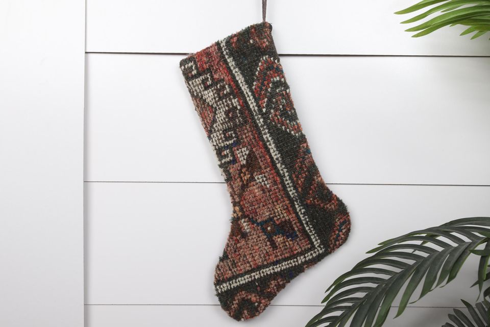 Unique Xmas Stocking  Handmade Kilim  7x18 Inches (18x45 cm)  Santa Claus Decor