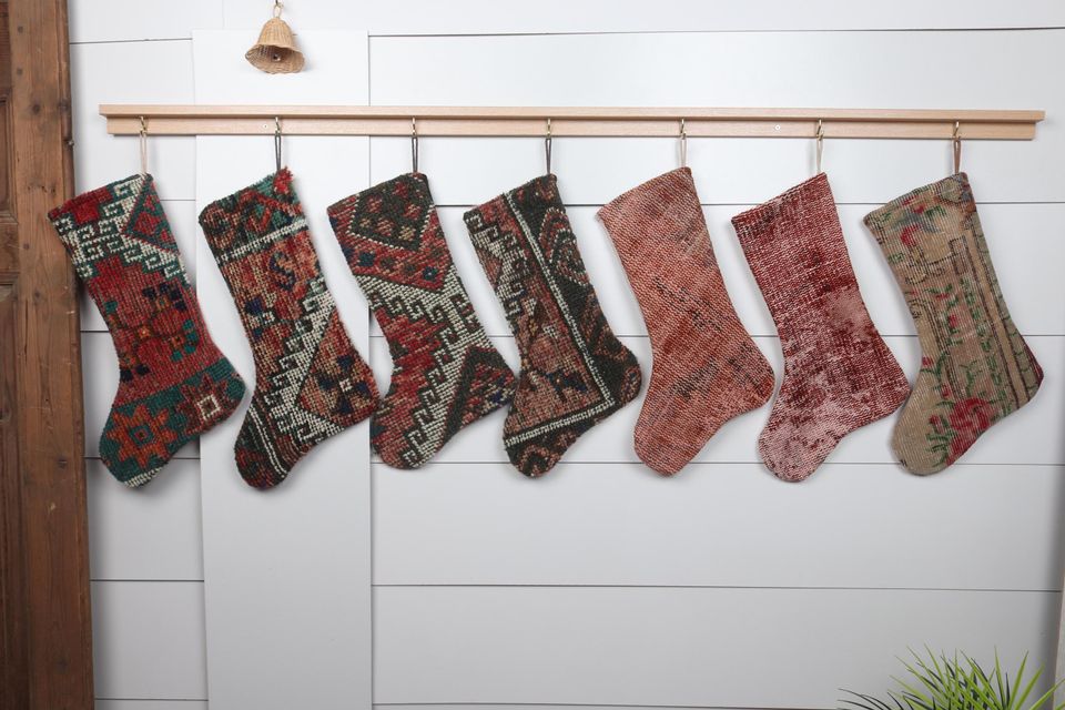 Unique Xmas Stocking  Handmade Kilim  7x18 Inches (18x45 cm)  Santa Claus Decor