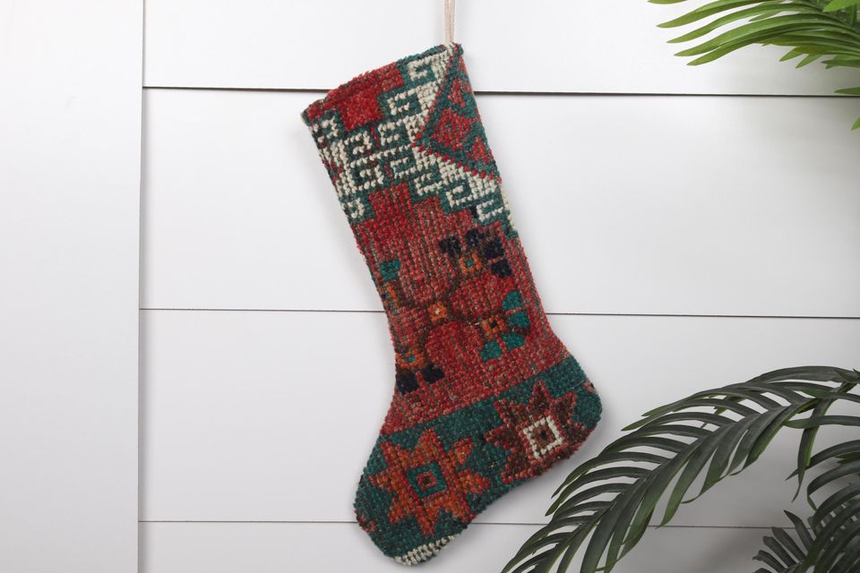 Unique Xmas Stocking  Handmade Kilim  7x18 Inches (18x45 cm)  Santa Claus Decor