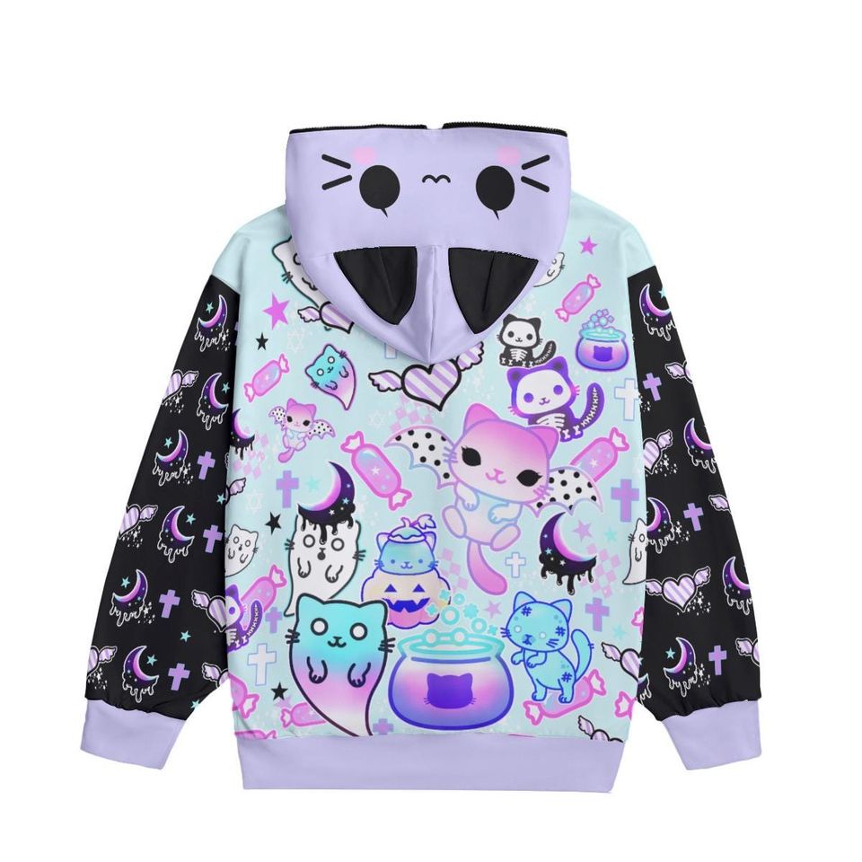 Magic cats - Unisex zipper hoodie with cat ears - kawaii, pastel goth, creepy cute, melty, bat cats, ghost, halloween, spooky  - CH1