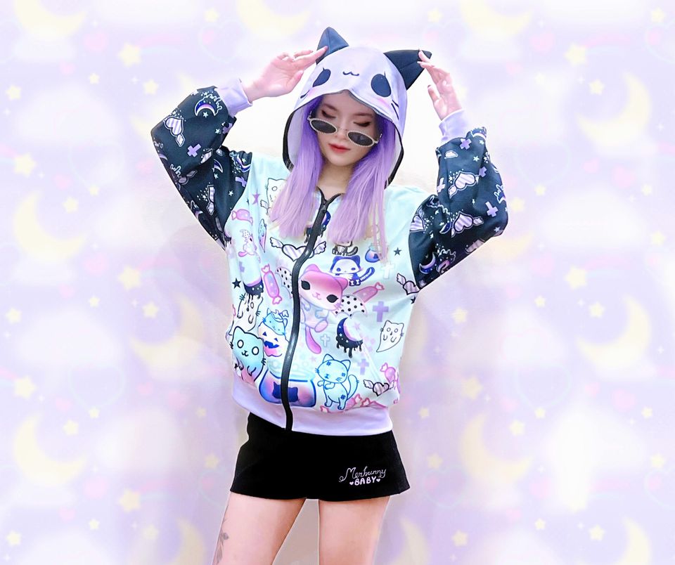 Magic cats - Unisex zipper hoodie with cat ears - kawaii, pastel goth, creepy cute, melty, bat cats, ghost, halloween, spooky  - CH1