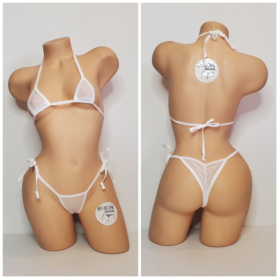 White Small Hole Fishnet *Very Sheer*with Your Choice Trim Color Micro Coverage Top Scrunch Butt String Bikini 2 Piece Set One Size