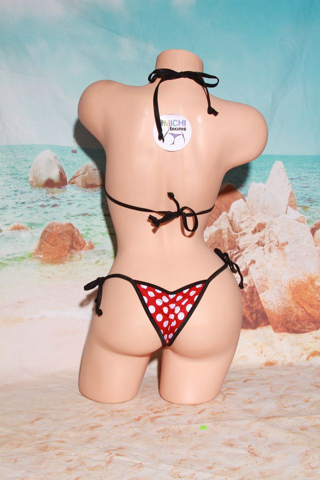 Red with White Polka Dots with Black Trim Micro Coverage Top Scrunch Butt Bottom String Bikini 2 Piece Set One Size