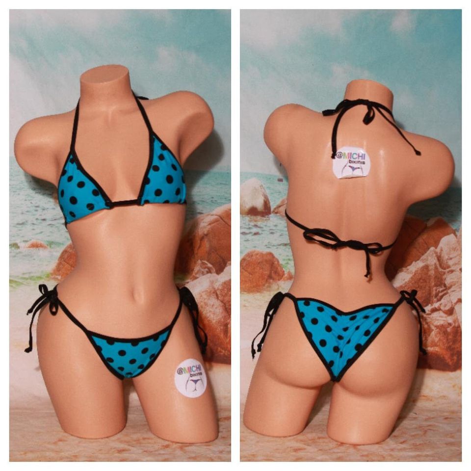 Neon Blue with Black Polka Dots with Black Trim Medium Coverage Top Scrunch Butt String Bikini 2 Piece Set One Size