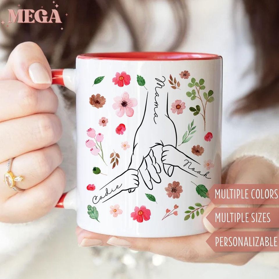 Custom Mom Mug, Personalized Holding Mom Hands Mug, Mom Mug with Kids' Names, Custom Gift for Mama 005604
